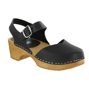 MIA Womens Sofia Leather Clogs EU 36 US 6 M Black Wooden Heel NIB